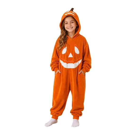BOOMNY Halloween Girls Romper Hallowmas Pumpkin Face Graphic Long Sleeve Hooded Jumpsuits for Kids Soft Warm Winter Loungewear Jumpsuit