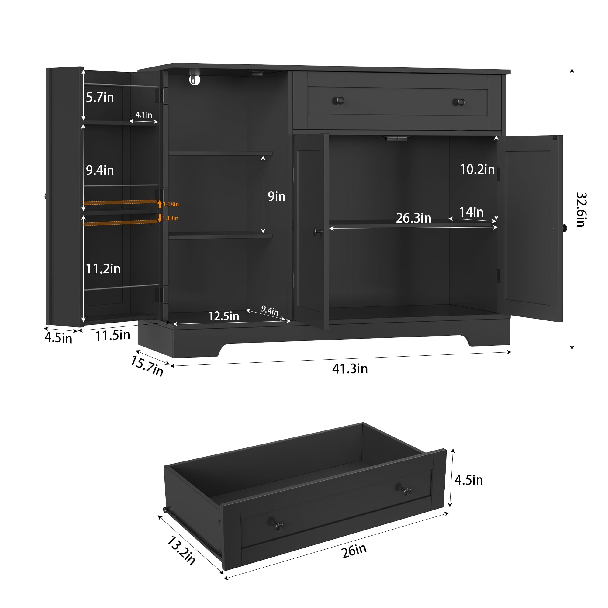 Homfa Sideboard Buffet Cabinet with Drawer, 3 Doors Kitchen Storage Cabinet with Adjustable Shelf for Dinning Room, Black