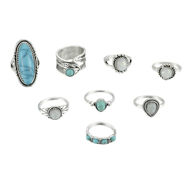 Minimalista Negro Anillo Combinación 8 Pieza Flor Anillos