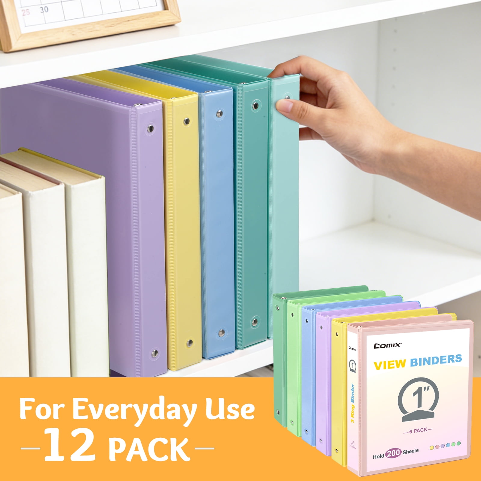 Comix 1 inch 3-ring Binder, Round Ring, 200 Sheets Capacity, 12 Pack Assorted Pastel Color