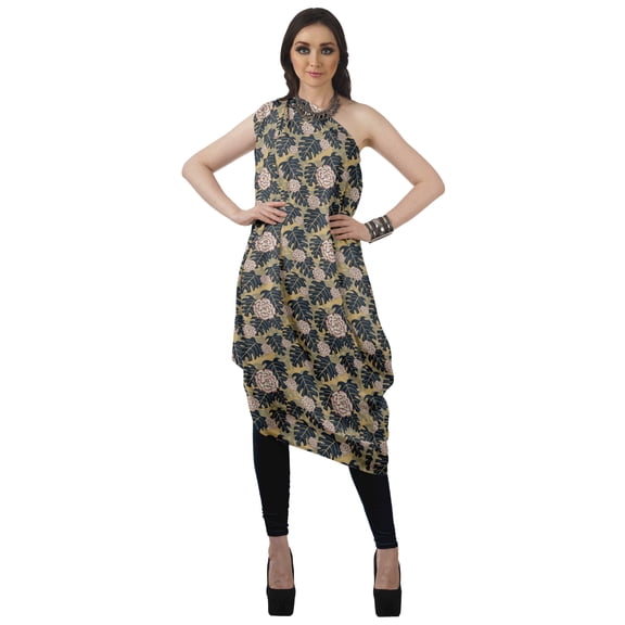 Moomaya Women's Printed One-Shoulder Cowl Kurti Sleeveless Dress Boho Party Designer Clothing