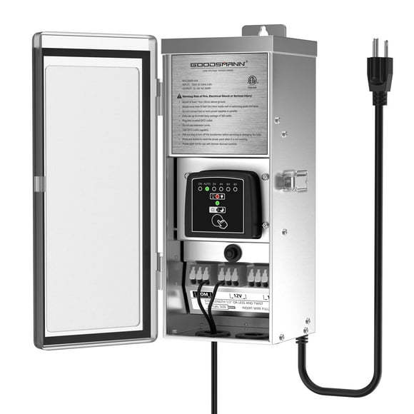 GOODSMANN Transformateur Basse Tension 300W Mode Remplaçable Panneau 120V AC à 12V Ou 15V AC Multi-Tap Acier Inoxydable Éclairage Paysager Extérieur Résistant aux Intempéries avec Capteur Photocell