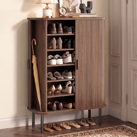 6-Tier Wooden Shoe Cabinet with Sliding Door, Adjustable Shelves Freestanding Shoe Storage Organizer, 43" Tall Mid-Century Modern Hidden Shoe Rack for Entryway Hallway