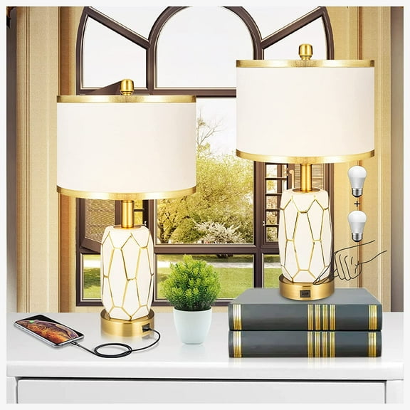 Set of 2 Touch Control Table Lamps,Dimmable with USB Ports