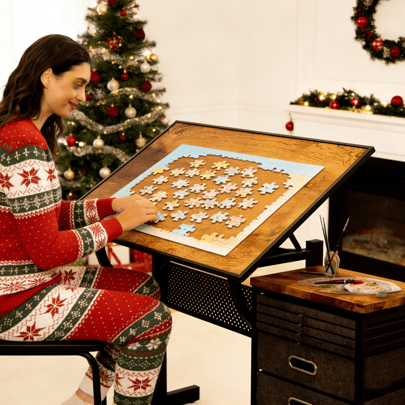 SDJPOI 1500 Pieces Large Puzzle Table with Wooden Cover, Adjustable Height & Angle Puzzle Table with 4 Trays & 2 Drawer, drafting table for Adults Christmas Birthday Gift
