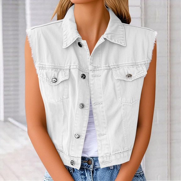 Haivin Women's Denim Button Vest, Solid Color Sleeveless Hoodless Design with Lapel Collar, Casual Layering Piece for Daily Wear and Outings