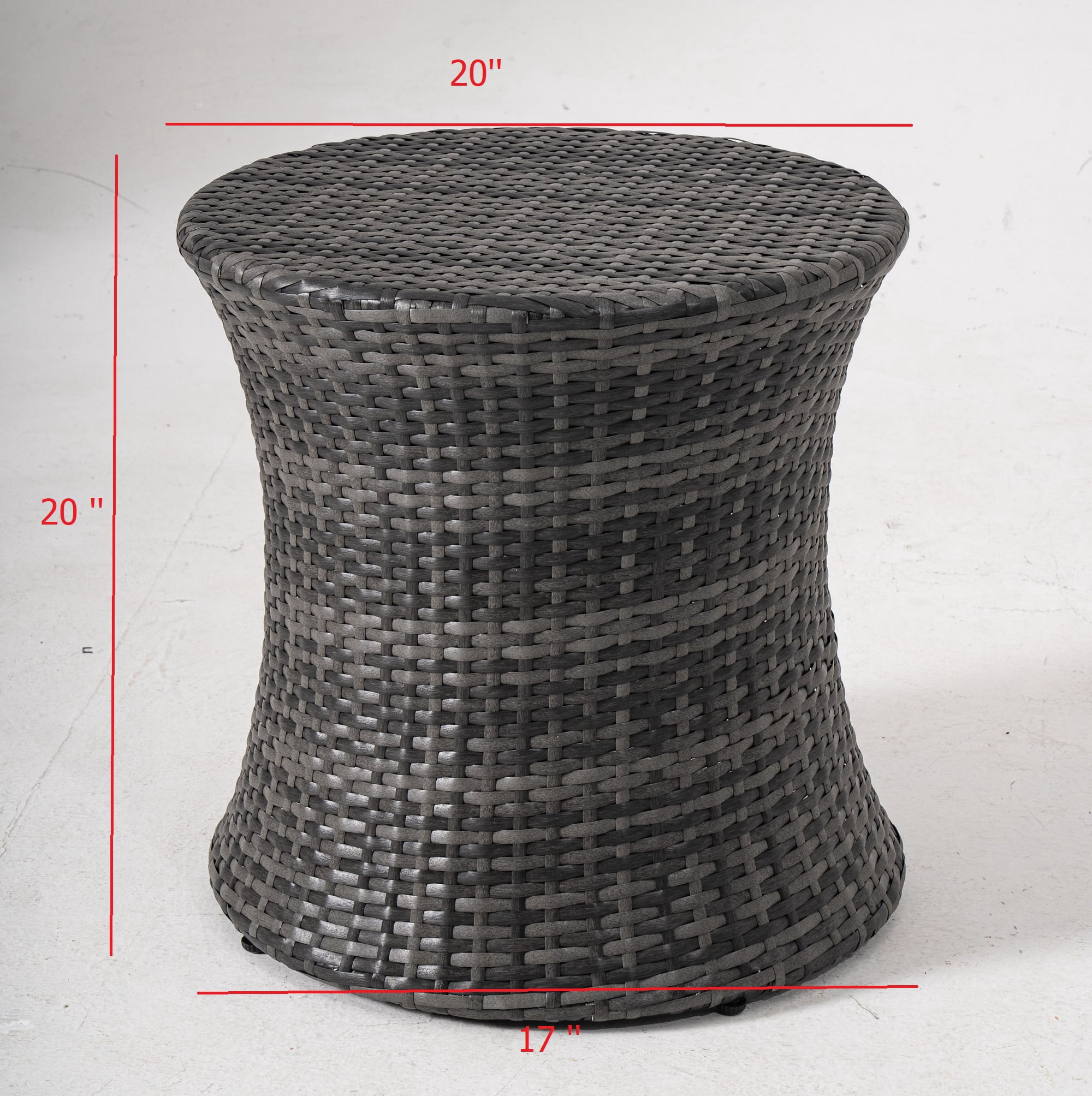 Round Outdoor Patio Side Table Faux Rattan End Table 20 Inch Hourglass Wicker Accent Mini Table Steel Frame Lightweight Gray