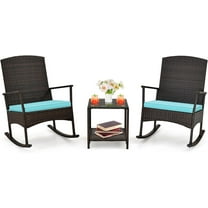3 Pcs Outdoor Patio Wicker Bistro Furniture Set Rocking Chairs Sets w/ 2 Cushion, Glass Coffee Table, Turquoise