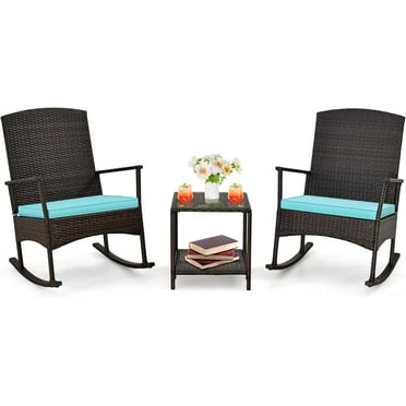 3 Pcs Outdoor Patio Wicker Bistro Furniture Set Rocking Chairs Sets w/ 2 Cushion, Glass Coffee Table, Turquoise