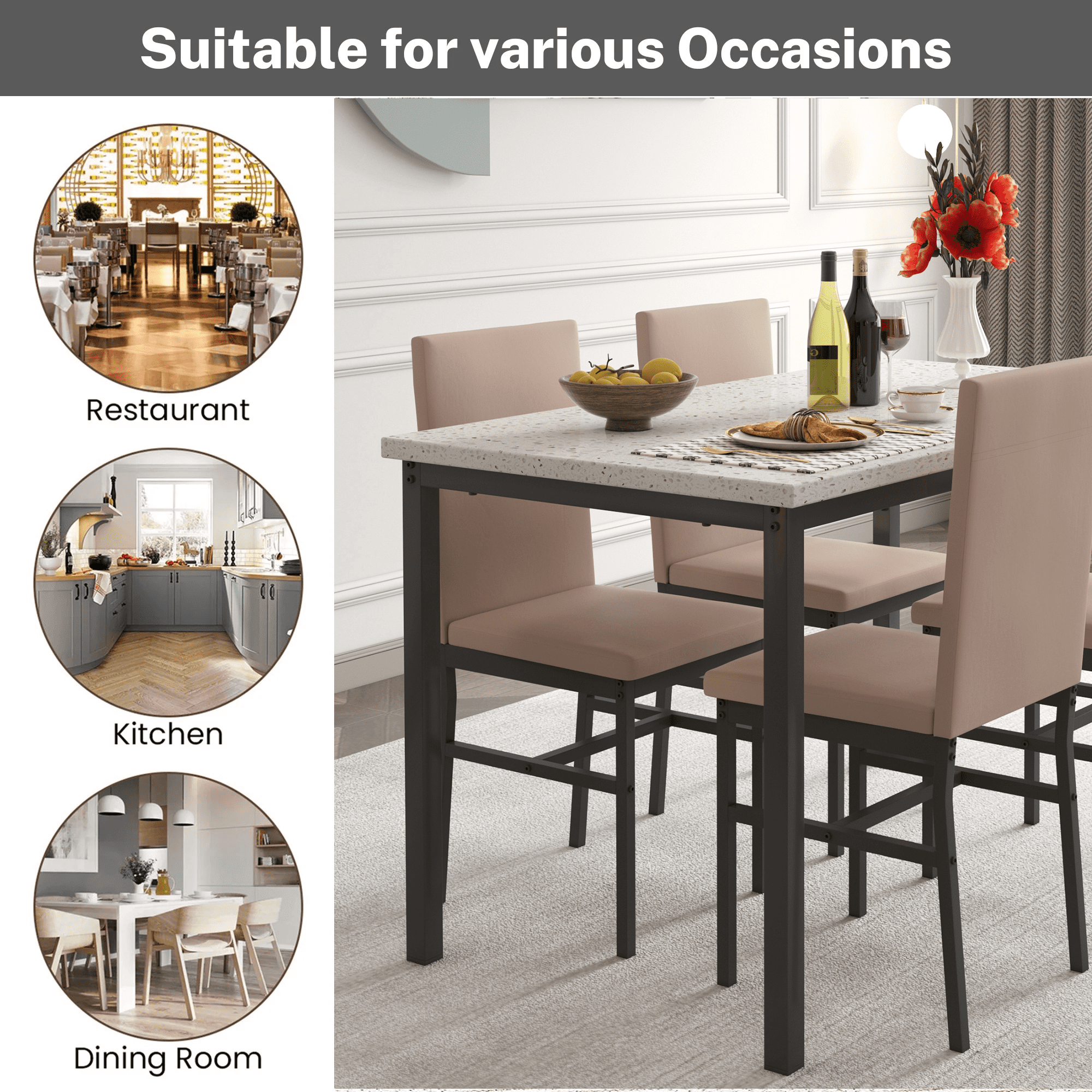 5 Piece Dining Set, Modern Dining Table and Chairs Set for 4, Kitchen Counter Height Dining Table Set with 4 Upholstered Chairs, for Small Space, Breakfast Nook, D9265