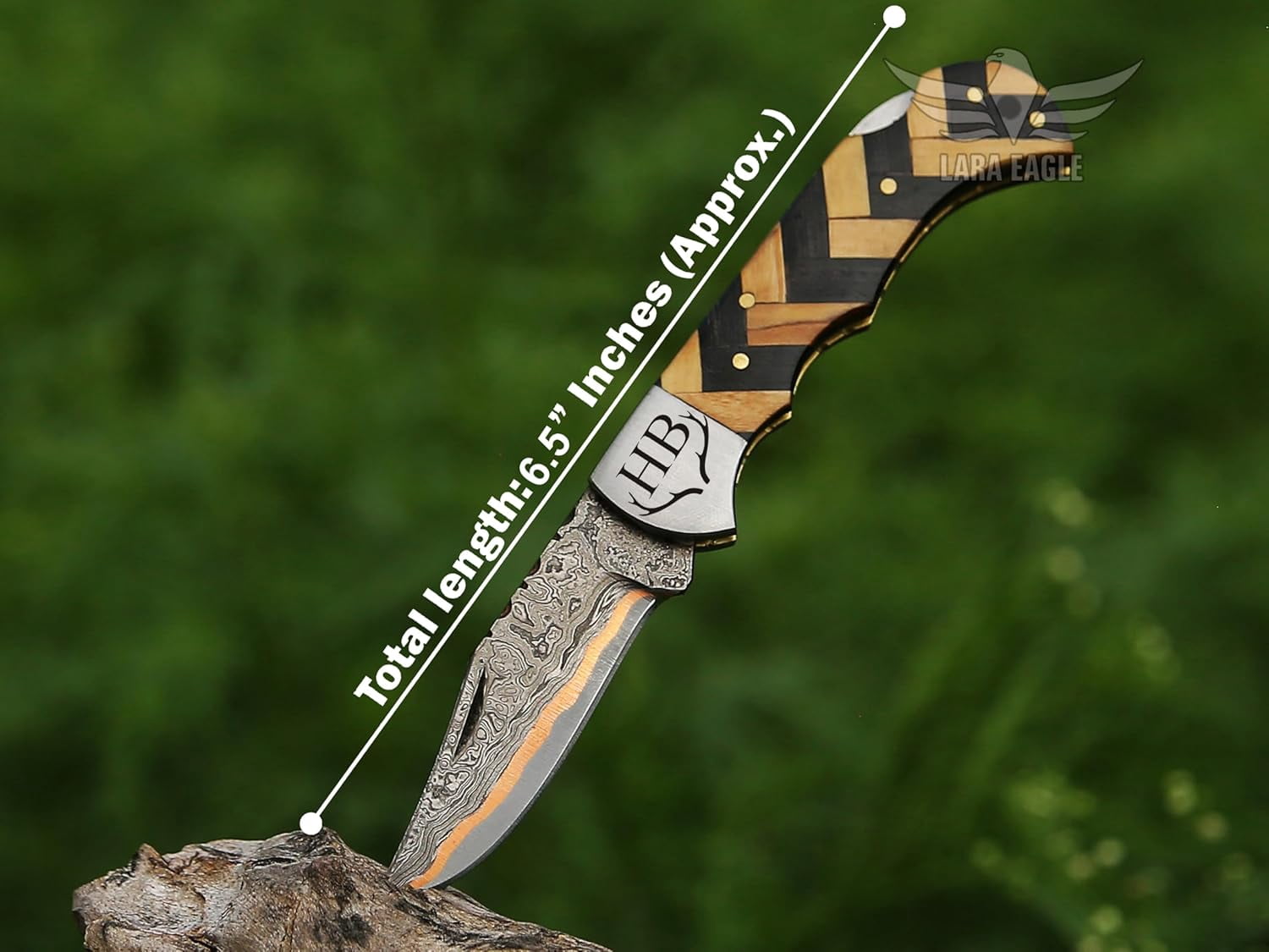Copper Damascus Pocket Knife – Olive & Black Handle, Folding Tactical Hunting Knife with Sheath & Sharpener – Perfect for Outdoor Use