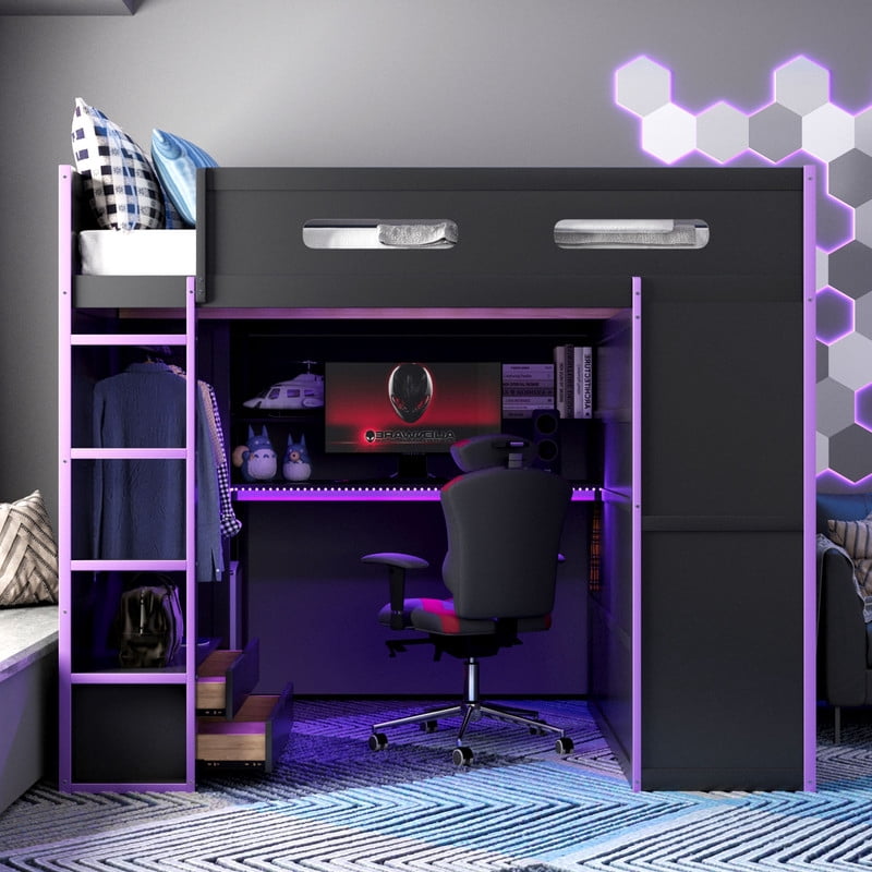 Full Size Wooden Loft Bed with Desk, Wardrobe and Storage Shelves, Gaming Loft Bed Frame with RGB LED Light, USB Charging Port and Built-In Workstation for Bedroom