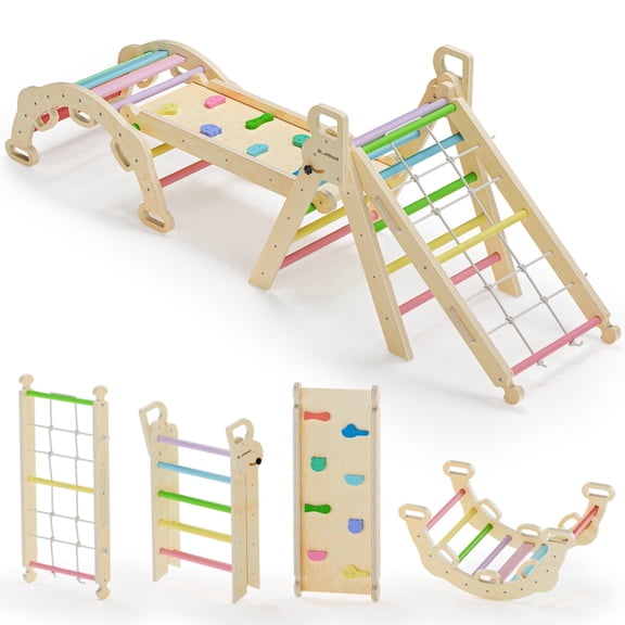 BlueWood 10-in-1 Foldable Wooden Pikler Triangle Climbing Set for Kids Indoor Play Gym with Safety Climbing Net and Activity Accessories 1-Count