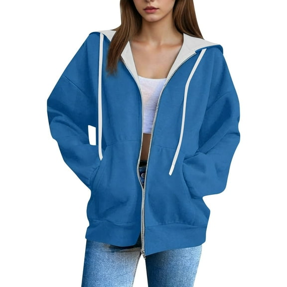 XIAONU Womens Hoodies Trendy White Drawstrings Zip Up Hooded Jacket Loose Long Sleeve Solid Color Pockets Hoodie Coat Streetwear