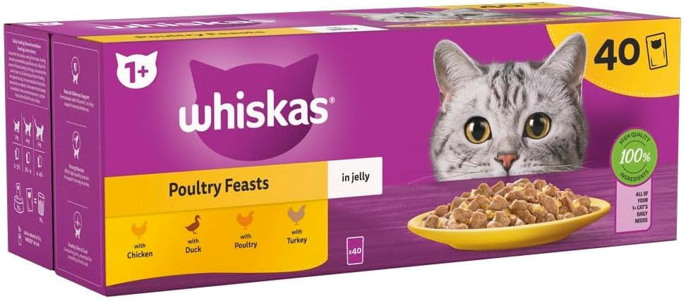 WHISKAS 1+ Cat Pouches Poultry Feasts in Jelly Cat Food 40x85g