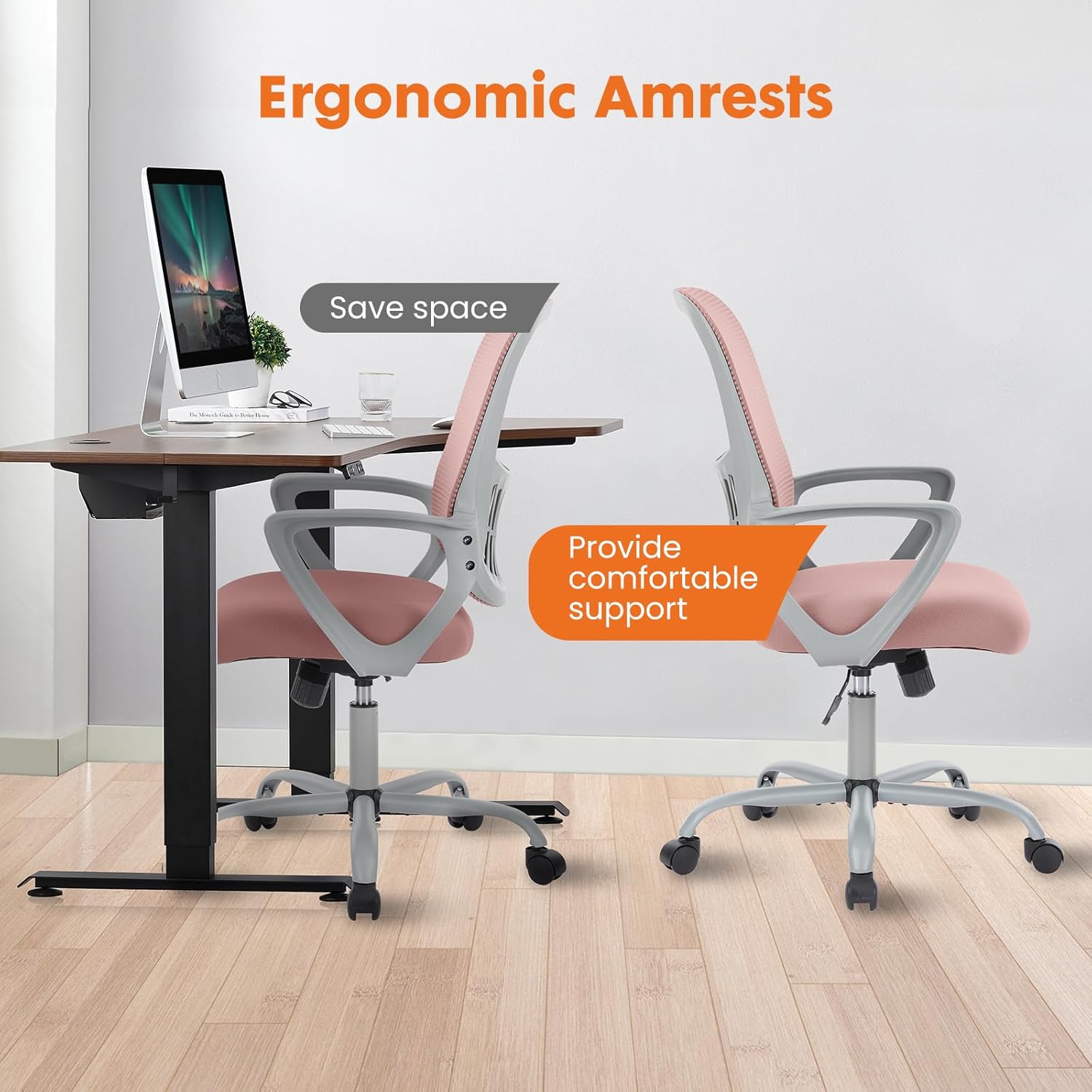 Atilioo Ergonomic Office Chair, Comfy Desk Chair with Adjustable Height & Lumbar Support, Mesh Swivel Rolling Computer Chair with Armrests for Adults, Pink