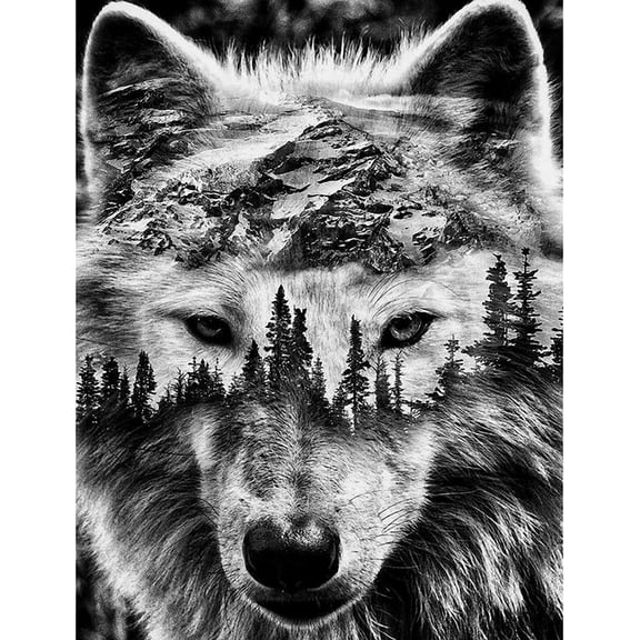 DIY 5D Diamond Painting Kit (for Adults) Diamond Painting "Wolf, Mountain, Forest" - Full Diamond Crystal Rhinestone Embroidery Craft Kit, Can be Used as Gift, Wall Decoration
