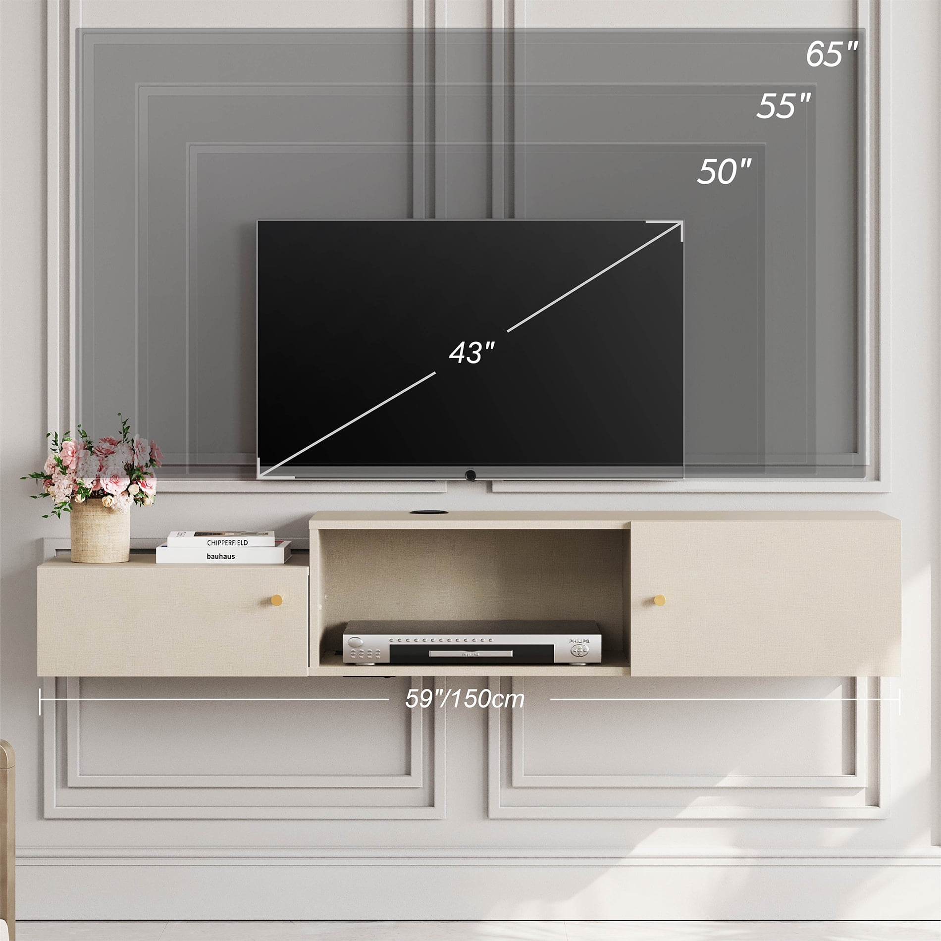 Floating Entertainment Center with Charging Station, Wall Mounted TV Stand with Colorful Light, Media Console Center with Storage, Modern Shelf Hanging Hutch Component Under TV,59''