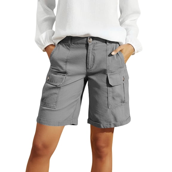 Twczz Womens Cargo Shorts with Pockets- Casual Elastic Waist Stretch Summer Baggy Hiking Shorts Gray Size L
