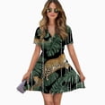 thumbnail image 2 of Leopards Jungle Leaves Dark Elegant Print Women Dress V-Neck Short Sleeve Flowy Swing Party Midi Dress, 2 of 4