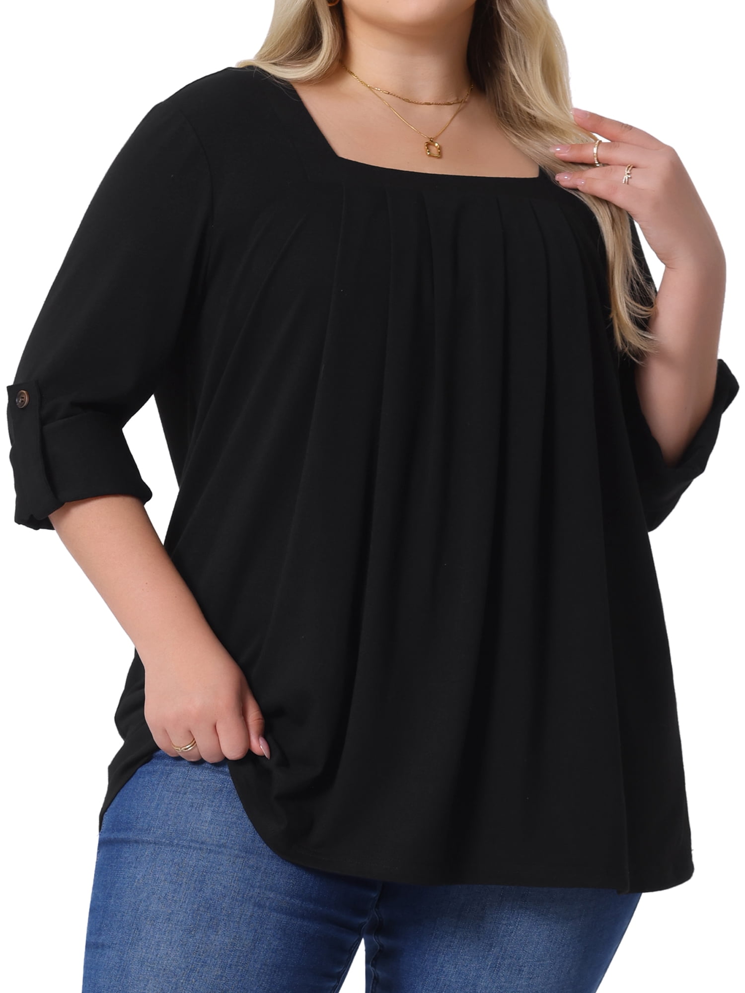 DARING DIVA Women's Plus Long Sleeves Square Neck Flowy Pleated Top 1X Black