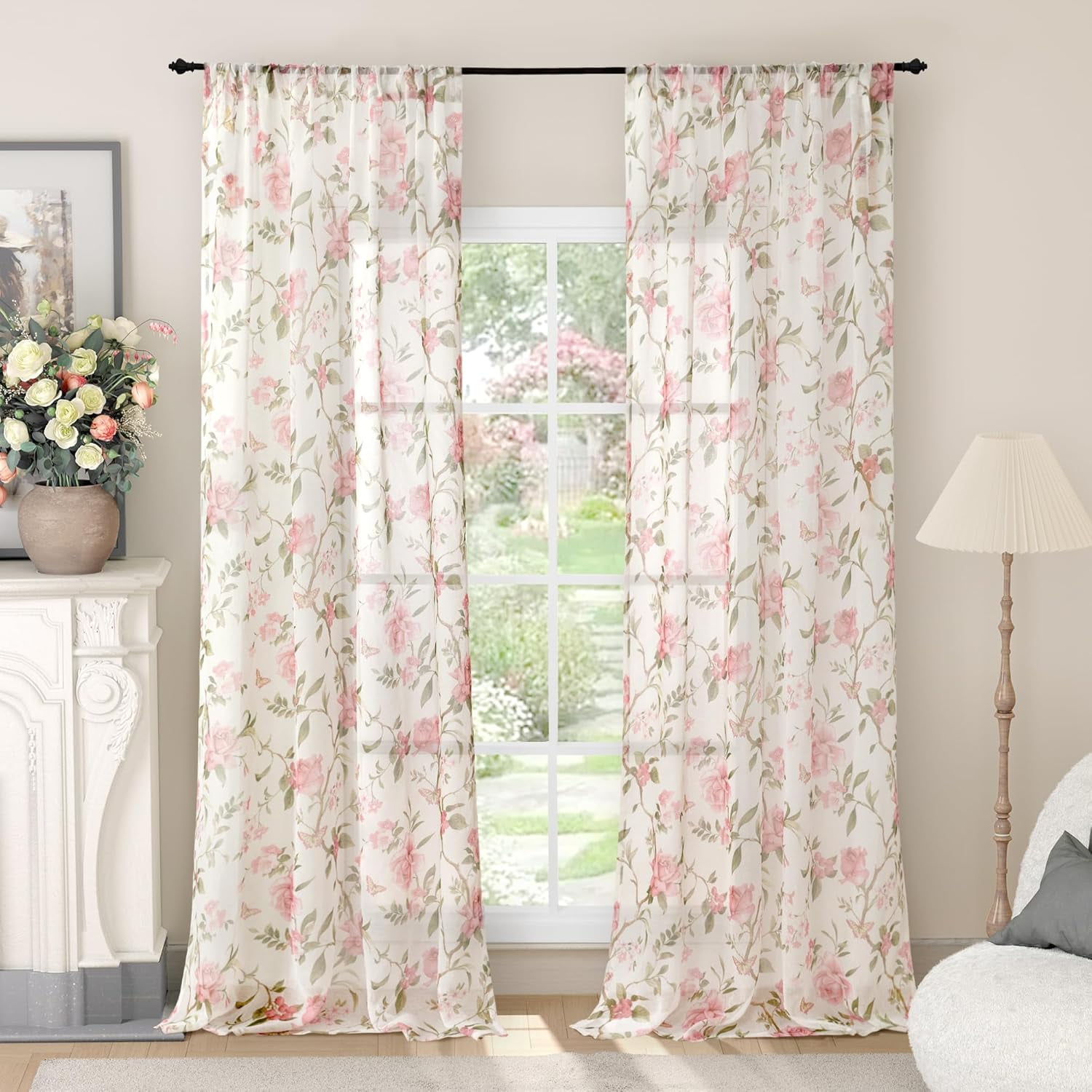 Lajode Floral Sheer Curtains for Girls Bedroom, Vintage Farmhouse Light Filtering Privacy Semi-Sheer Cute Linen Kids Nursery 84 Inches Long 2 Panels, Rod Pocket, Pink, Each 52 Inch Wide