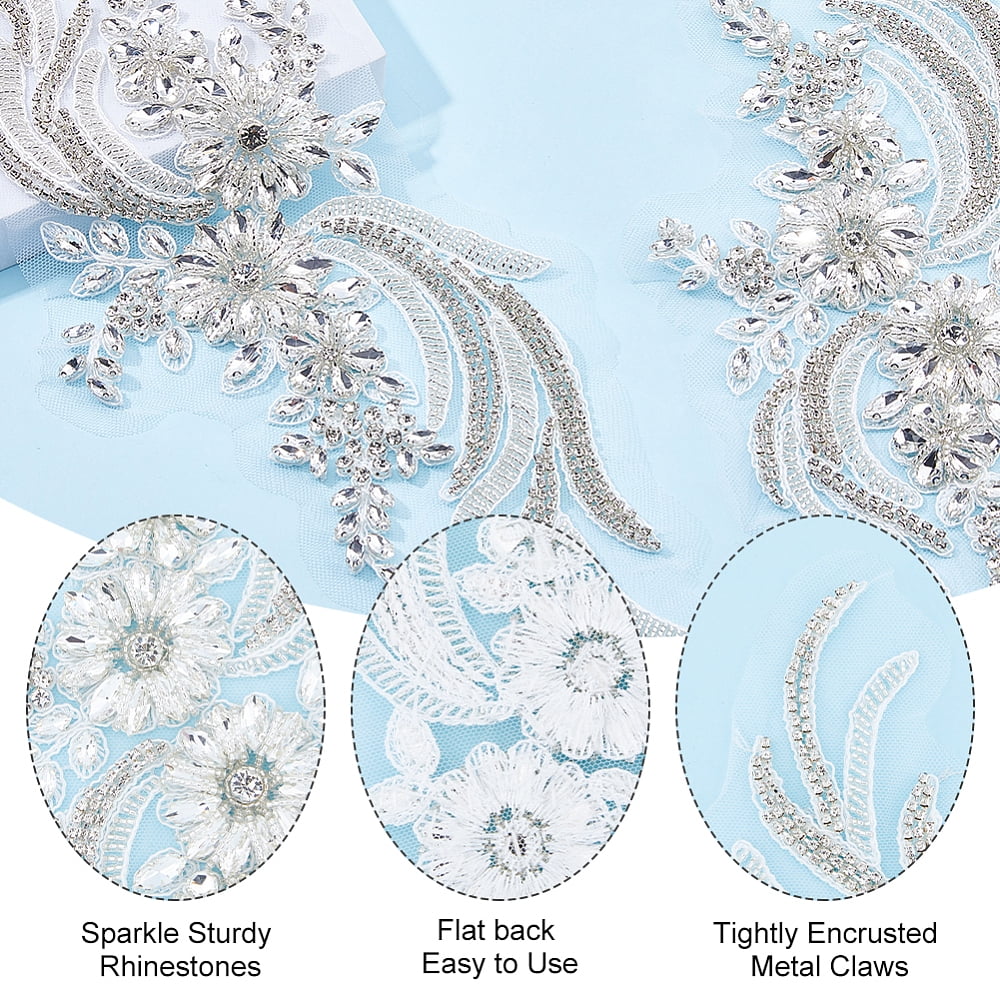 2Pcs Flower Lace Bead Applique Handmade Rhinestones Appliques Embroidery Floral Patch Sewing Beads Trim Patch Sparkly Sequins Beaded Applique for