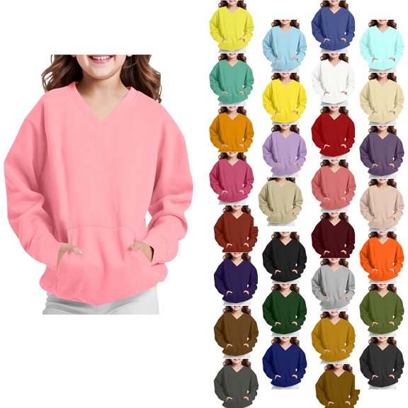 Antinious Boys Girls Solid V-Neck Hoodless Versatile Pocket Long Sleeve Sweatshirts