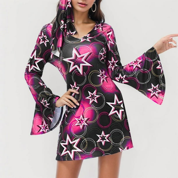 WILLBEST Vestidos Casuales para Mujer Curvy Otoño Nuevo Estampado Vestido 70S Hippie Disco Vestido de Mujer Extra Grande