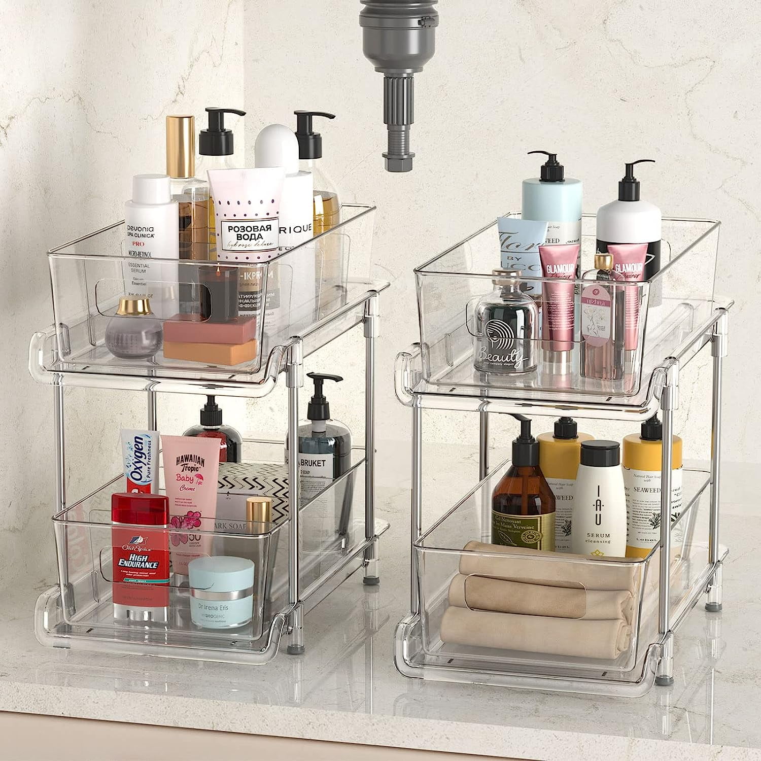 Fabspace Pull-out Home Organizer, 2 Pack 2 Tier Clear Bathroom Organizer  with Dividers, Multipurpose Vanity Counter Tray, Kitchen, Closet  Organizers