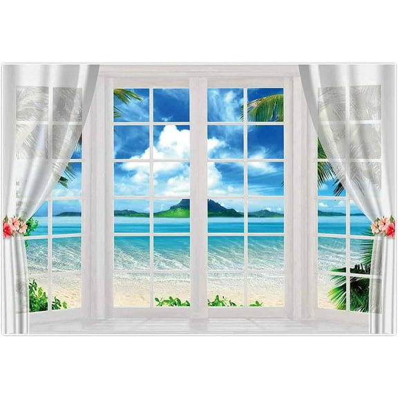 Summer Beach Window Background Hawaiian Tropical Photography Backdrop Ocean Island Palm Leaves Party Banner Photo ration