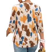 Cuteduck Women Plus Size Printed Tunic 3/4 Sleeve Fall Pleated Round-neck Casual Loose Ruffled Top 1X-5X