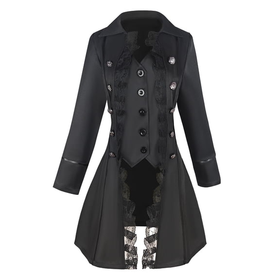 Idoravan Women's Gothic Steampunk Corset Costume Coat Victorian Tailcoat Jacket Womens Middle Ages Solid Turndown Collar Long-Sleeved Long Sleeved Lacework Tops Buttons Coats