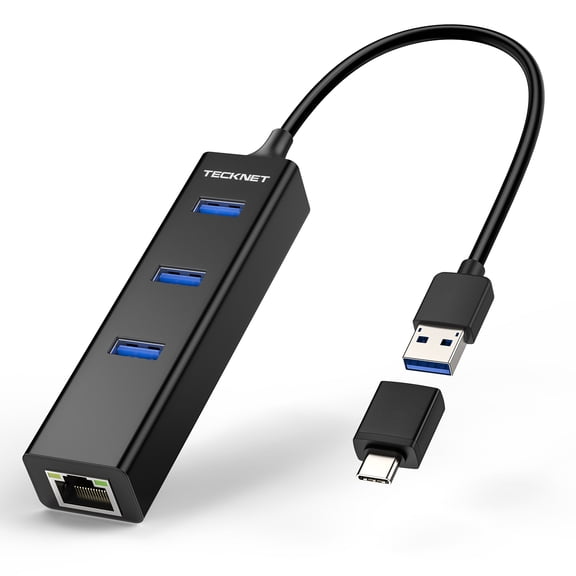 TECKNET BASICS 4‑in‑1 USB‑C Hub, 3‑Port Fast USB 3.0, Gigabit RJ45 Ethernet Adapter for Laptop, Plug & Play