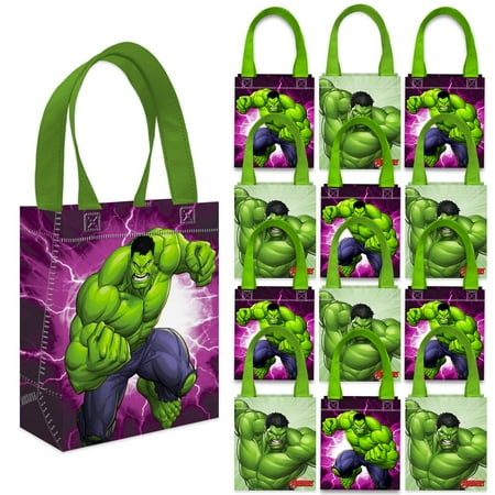 Hulk Party Favor Bags Set – 12 Pack 8 Marvel Goodie Bags for Kids Bulk Reusable Mini Totes | Avengers Incredible Hulk Birthday Party Supplies