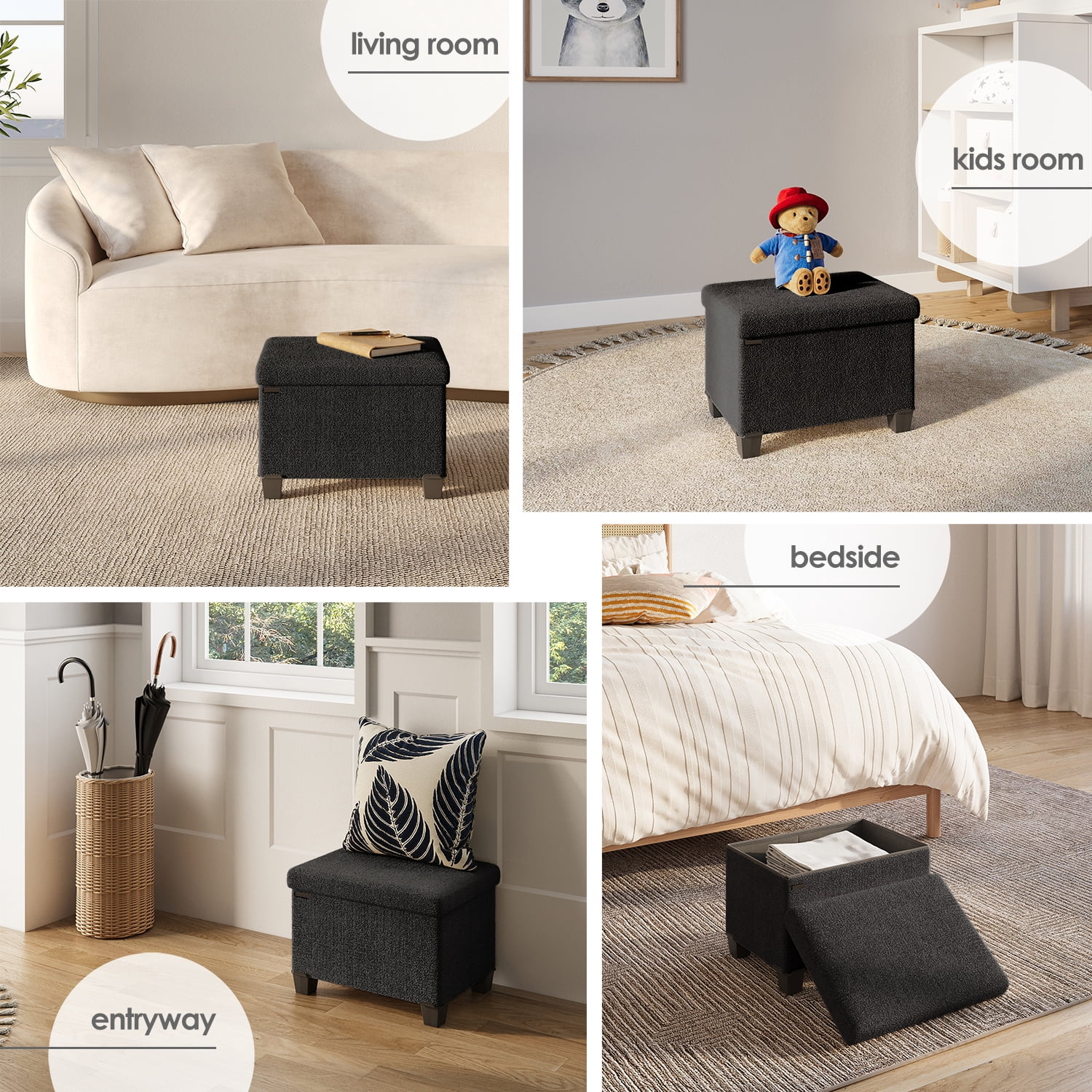 Hearth & Harbor Storage Ottoman Bench, Boucle 16" Ottoman with Storage , Black