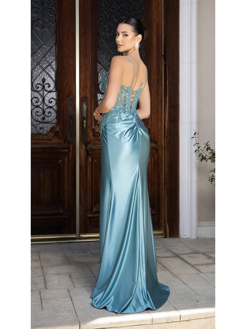 long blue sequin dress Sequin Fitted Long Sleeve Slit Gown by Ladivine CH054  ABC Fashion