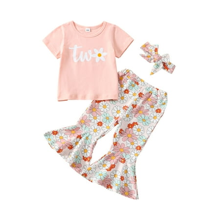 

jaweiwi Baby Girls Flare Pants Clothes Set 9M 12M 18M 24M 2T 3T Toddler Outfits Short Sleeve Letters Print T-shirt/Romper with Flower Print Flare Pants and Headband for Birthday Gift