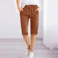 thumbnail image 2 of Stylish Olyvenn Linen Bermuda Shorts for Women Summer Casual Drawstring Elastic Waist Beach Vacation Knee Length Long Shorts Brown M, 2 of 8