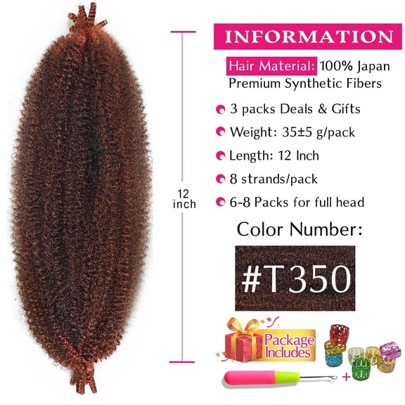 WEIF-Marley Twist Braiding Hair 12 Inch 3 Packs, Springy Afro Twist Hair Pre Fluffed Spring Twist Hair Pre Separated Wrapping Hair for Soft Locs Hair Extensions (12 Inch (Pack of 3), T350#)