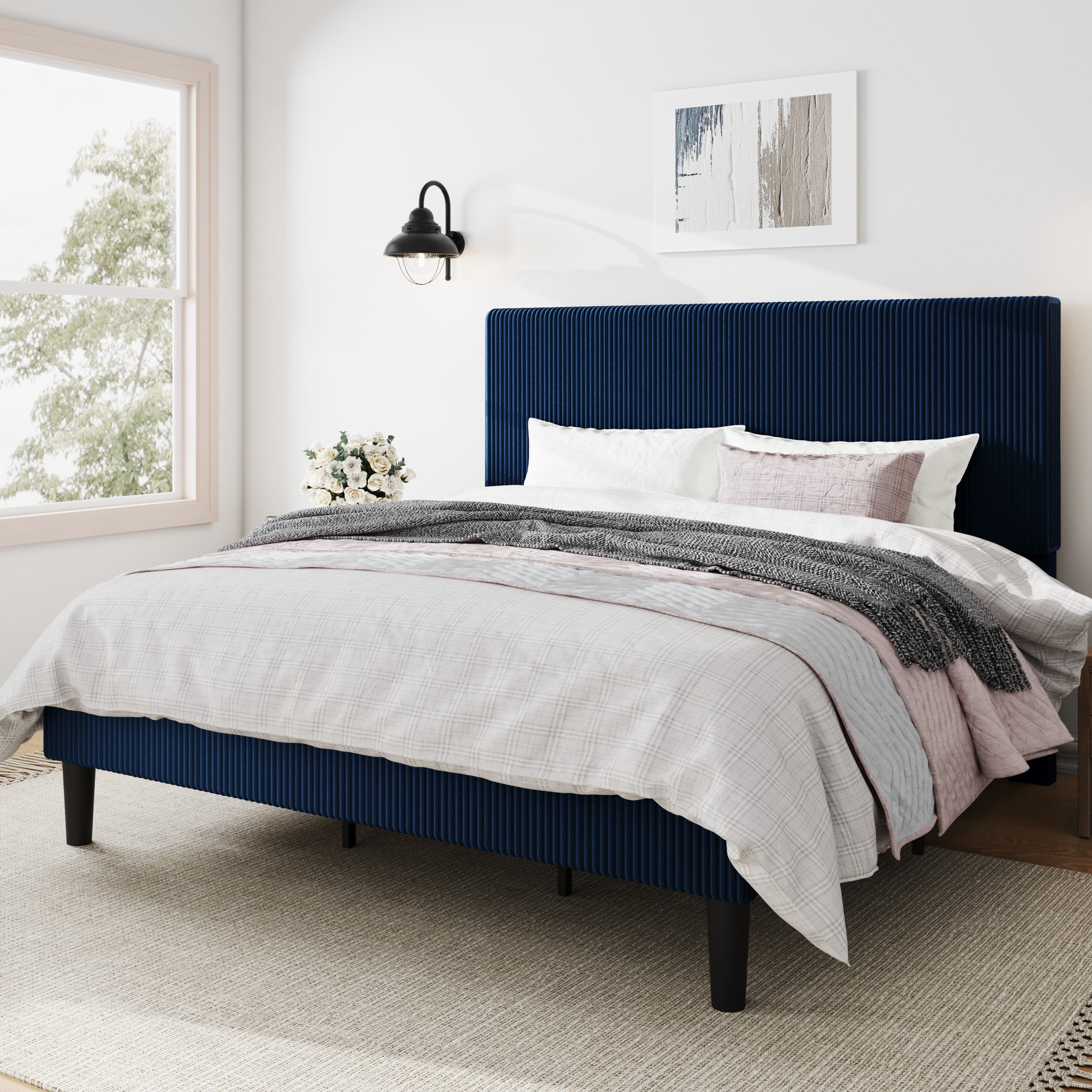 Amolife King Size Platform Bed Frame with Corduroy Fabric Upholstered Adjustable Height Headboard, Dark Blue