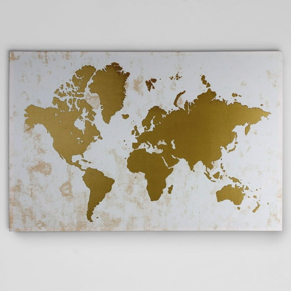 Renditions Gallery Champagne Gold World Map Vintage Abstract Canvas Wall Art for Living Room Bedroom Office, Ready to Hang, 30x40