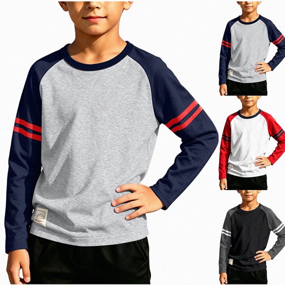 WAVSUF Boys Raglan Sweatshirts, Long Sleeve Lightweight Crew Neck Fall Sports Active Pullover Blue 7-8