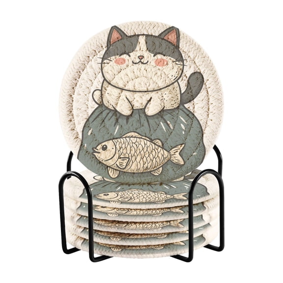 Yayeee 6 PCS Drink Coasters with Holder Set Woven Absorbent Round Tabletop Hot Pad, Beige Cute Cat