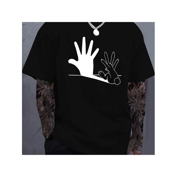 Loai Orientation, Rabbit Hand Shadow Graphic Print, Boutique 220g Thickened Cotton T-Shirt, Mens Fashion Casual Cotton T-Shirt, Short Sleeve Crew Neck T-Shirt