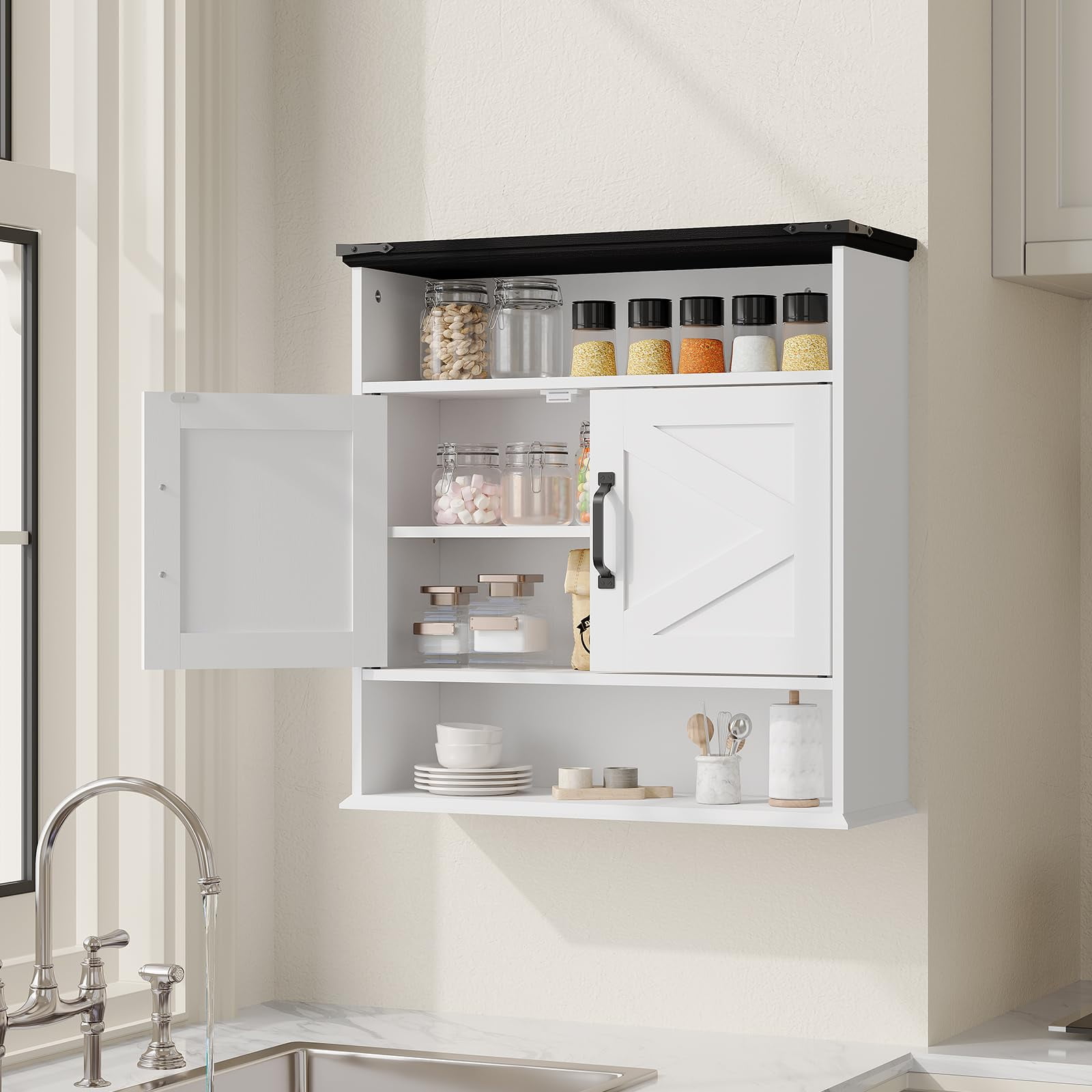 25" Wide Wall-Mounted Bathroom Cabinet with Barn Doors, Over-Toilet Storage with Adjustable Shelf & Drawer, Hanging Cabinet for Bathroom, Kitchen, Laundry, or Entryway