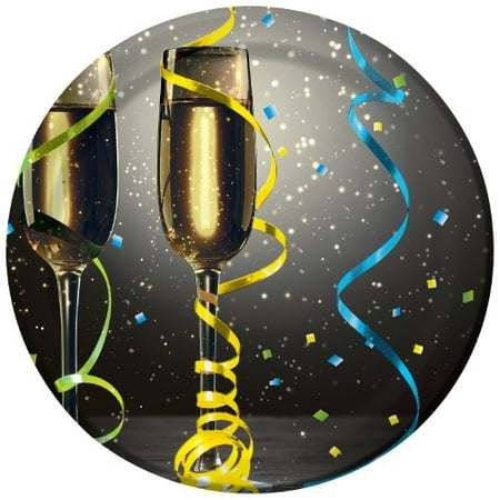8 pc Premium strength champagne glass and streamer New Year Eve themed paper dessert plates - 6.75-Inch Dia