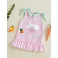 thumbnail image 5 of Newborn Infant Baby Girl Easter Dress Sleeveless Bow Bunny Embroidery Stripe Ruffle Dresses With Pocket Summer Clothes 0-3T, 5 of 10