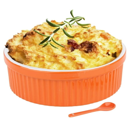 Souffle Dish Ramekins for Baking – 64 Oz, 2 Quart Large Ceramic Oven Safe Round Fluted Bowl with Mini Condiment Spoon for Soufflé Pot Pie Casserole Pasta Roasted Vegetables Baked Desser