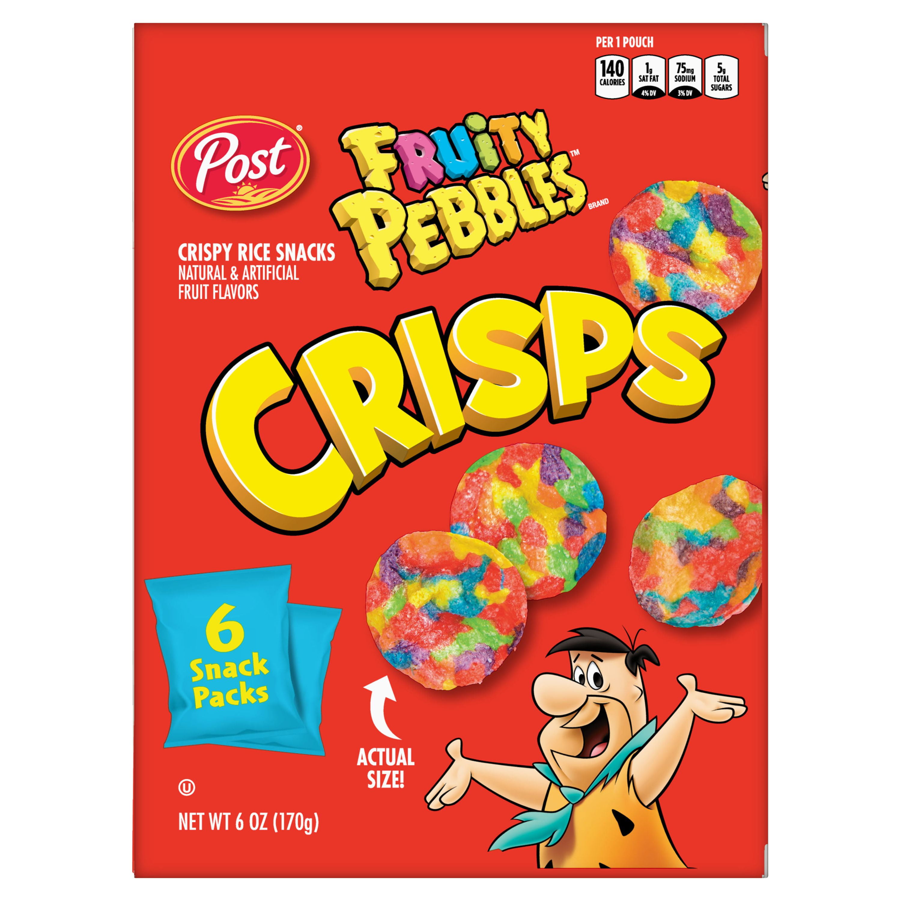 Post Foods Fruity Pebbles Crispy Rice Snacks, Instant, 1 oz (Pack of 6), Shelf Stable Cardboard Box